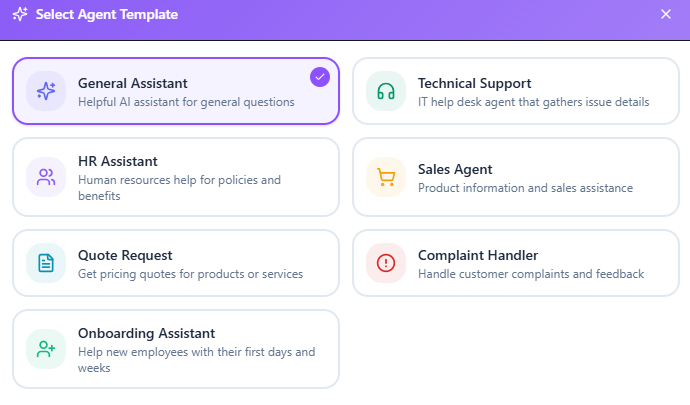 co-mind.ai Agent Templates — General Assistant, Technical Support, HR, Sales, Quotes, Complaints, Onboarding